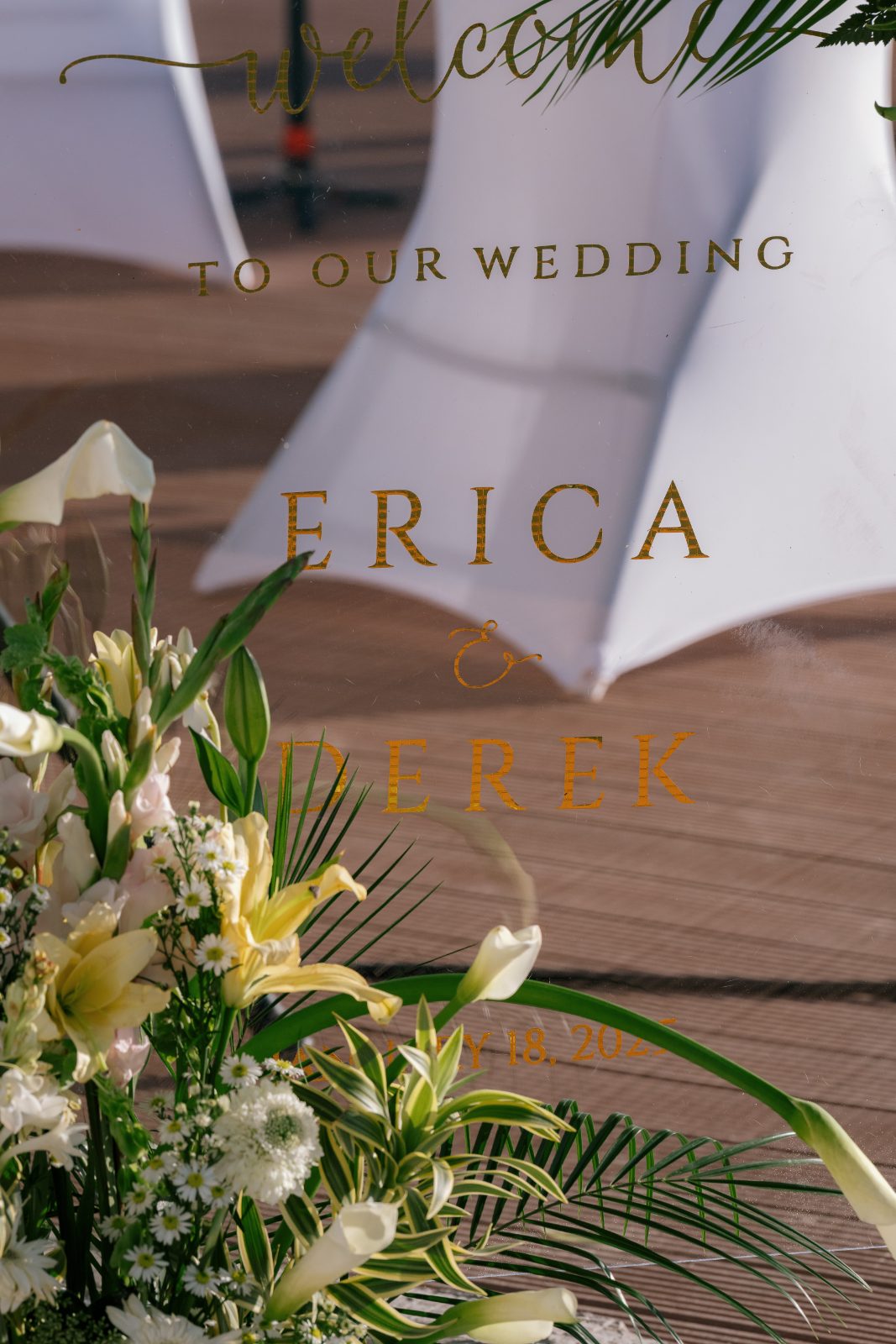 The wedding sign displays "Welcome to Our Wedding Erica & Derek" at Avila Beach Hotel, surrounded by floral arrangements